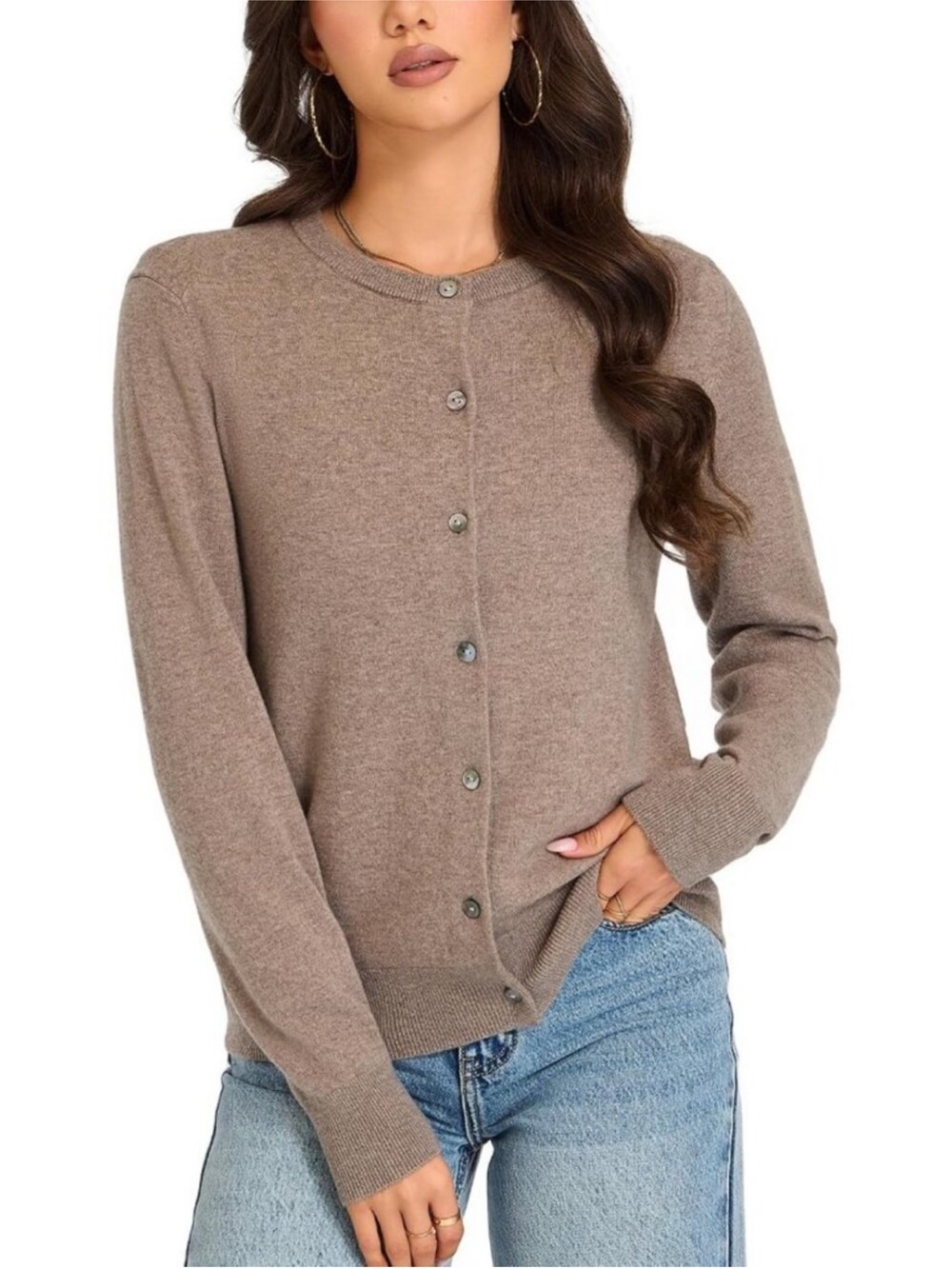 Cozy Crew Neck Cardigan Sweater for Women - Knit Top with Shell Buttons